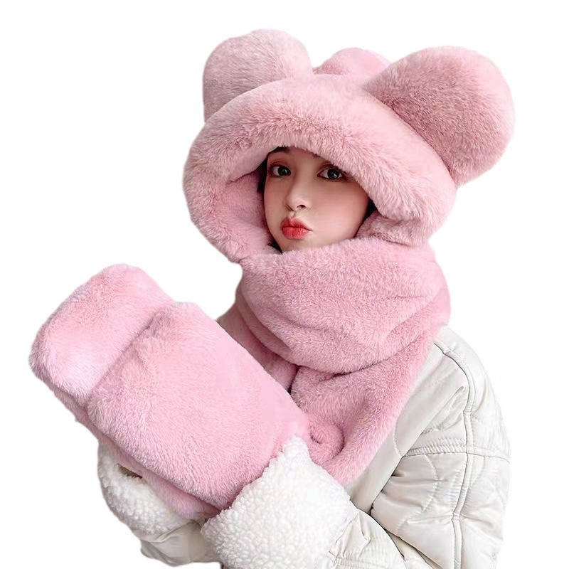 Otoño y invierno nuevo oso sombrero bufandas en una mujer invierno lindo guantes de cuello para niñas ciclismo conjunto de tres piezas
