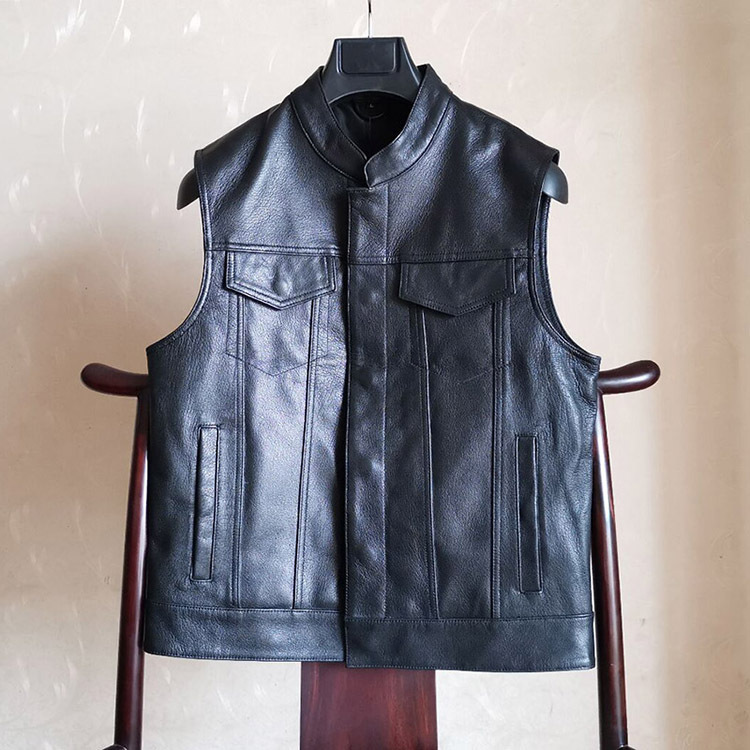 Description Picture 2 of item2024 New Style Men's Cowhide Sheepskin Genuine Leather Vest Man Motorcycle Biker Vests Male Waistcoat Fashion Sleeveless Jackets