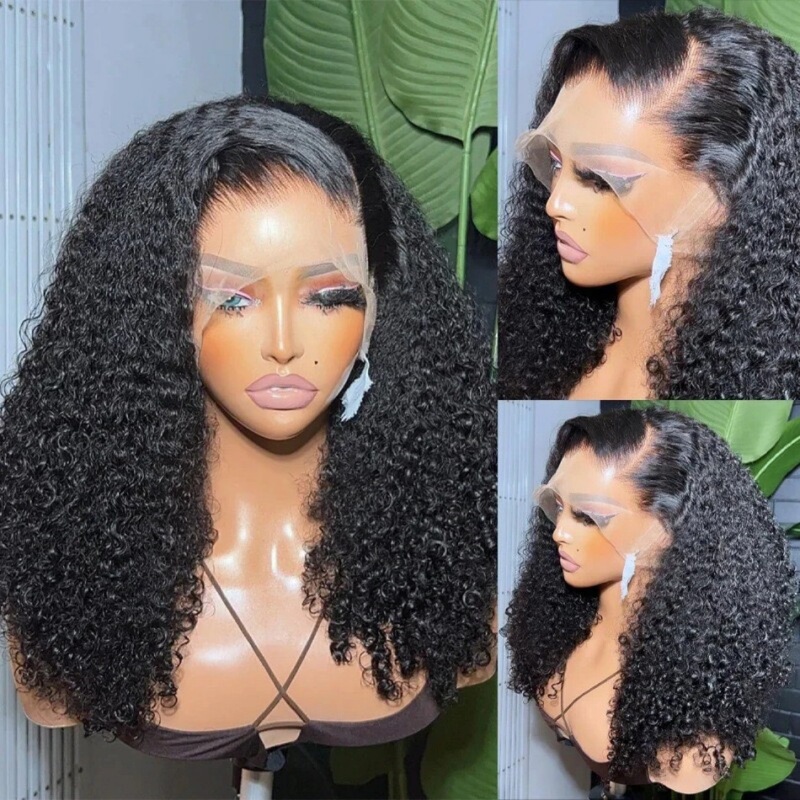 Super High-Quality Real Human Hair Small Curly Bob Wig with Side Part, Slightly Curly and Flowing Black Long Curly Hair