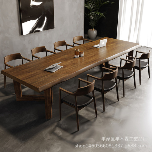 Solid Walnut Color Large Board Conference Table, Retro Leisure Creative Company Office Desk, Antique Style Reception Desk Chair Set
