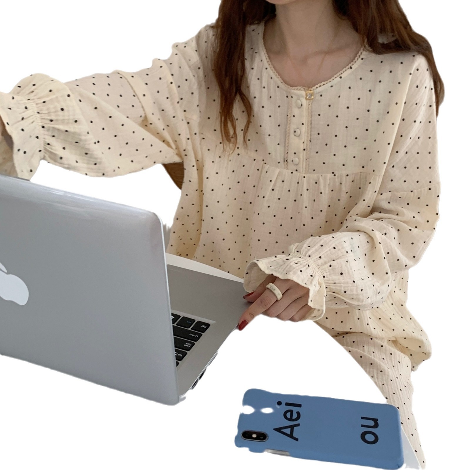 2025 primavera coreana INS estilo pijama de mujer manga larga punto ondulado borde de hoja de loto suelto gran cuello redondo ropa de hogar conjunto de transmisión en vivo
