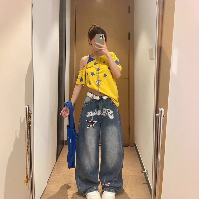 美式复古贴布字母星星弯刀牛仔裤女夏季高街设计感宽松显瘦阔腿裤|undefined