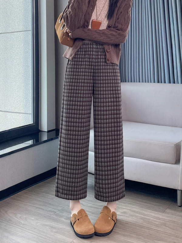 格子高级感毛呢直筒裤女秋冬新款高腰显瘦垂感磨毛休闲阔腿裤7251|undefined