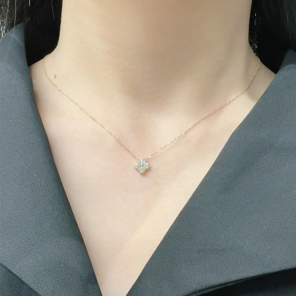 S925 Silver Clover Necklace Gold Plated With Diamond Accent_voghion.com