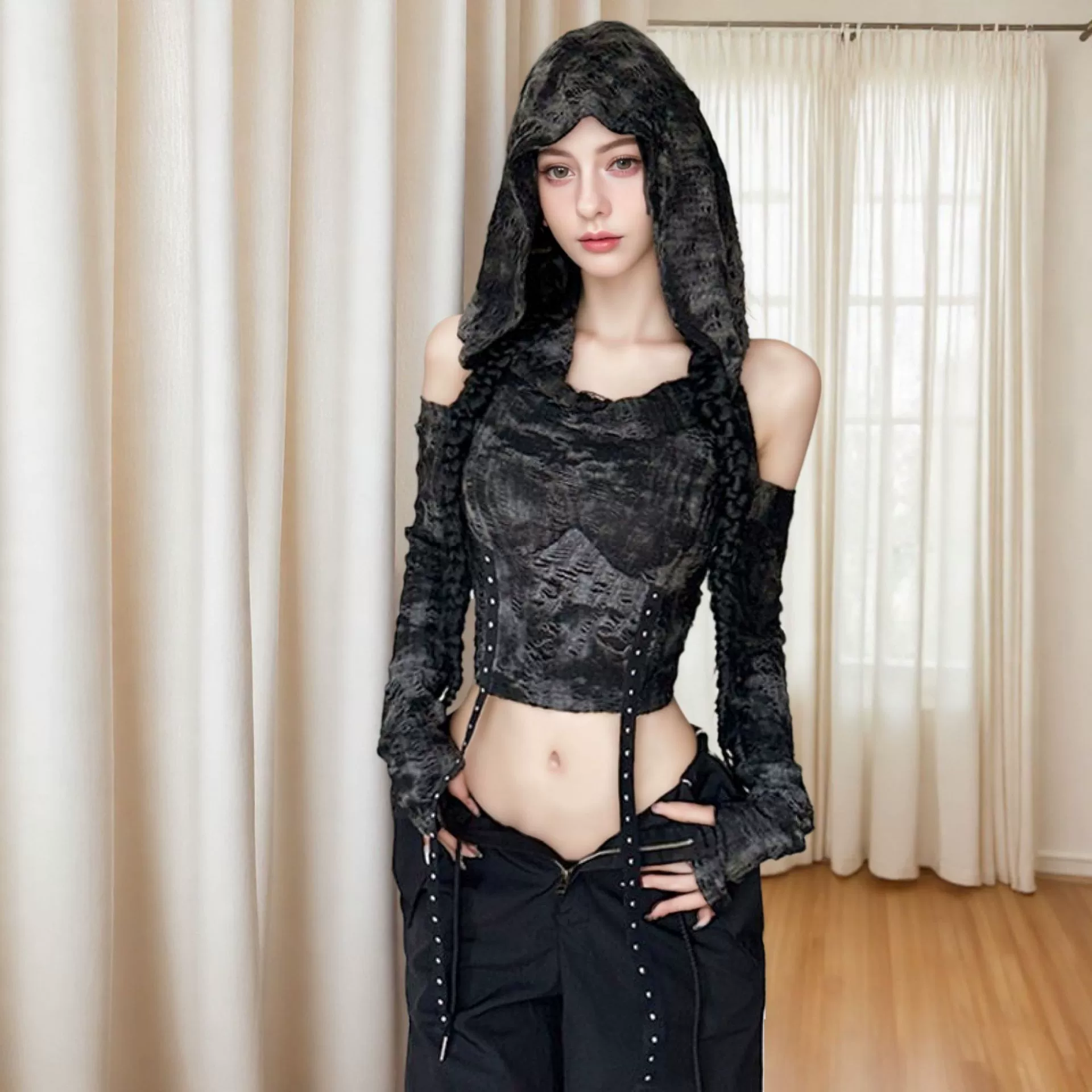 Трансграничный 2024 новый пустошь ветер ручной работы с капюшоном с открытыми плечами футболка с длинными рукавами женская тонкая индивидуальная короткая топ