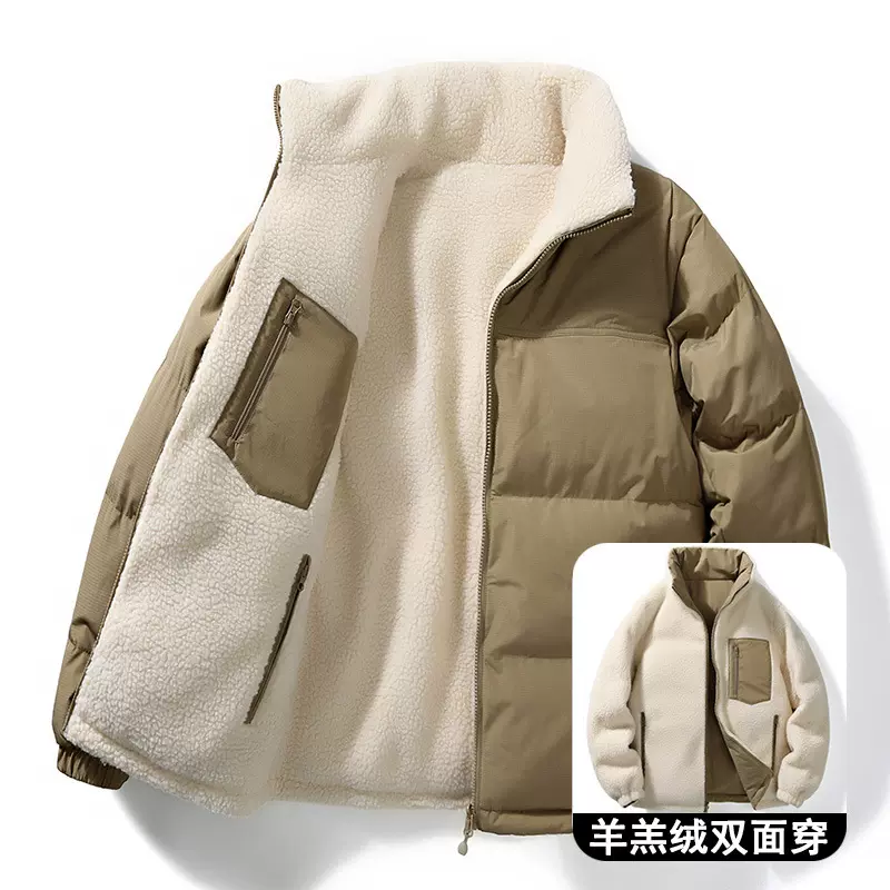 双面穿羊羔绒棉服男冬季潮牌加绒加厚保暖羽绒棉袄情侣款棉衣外套
