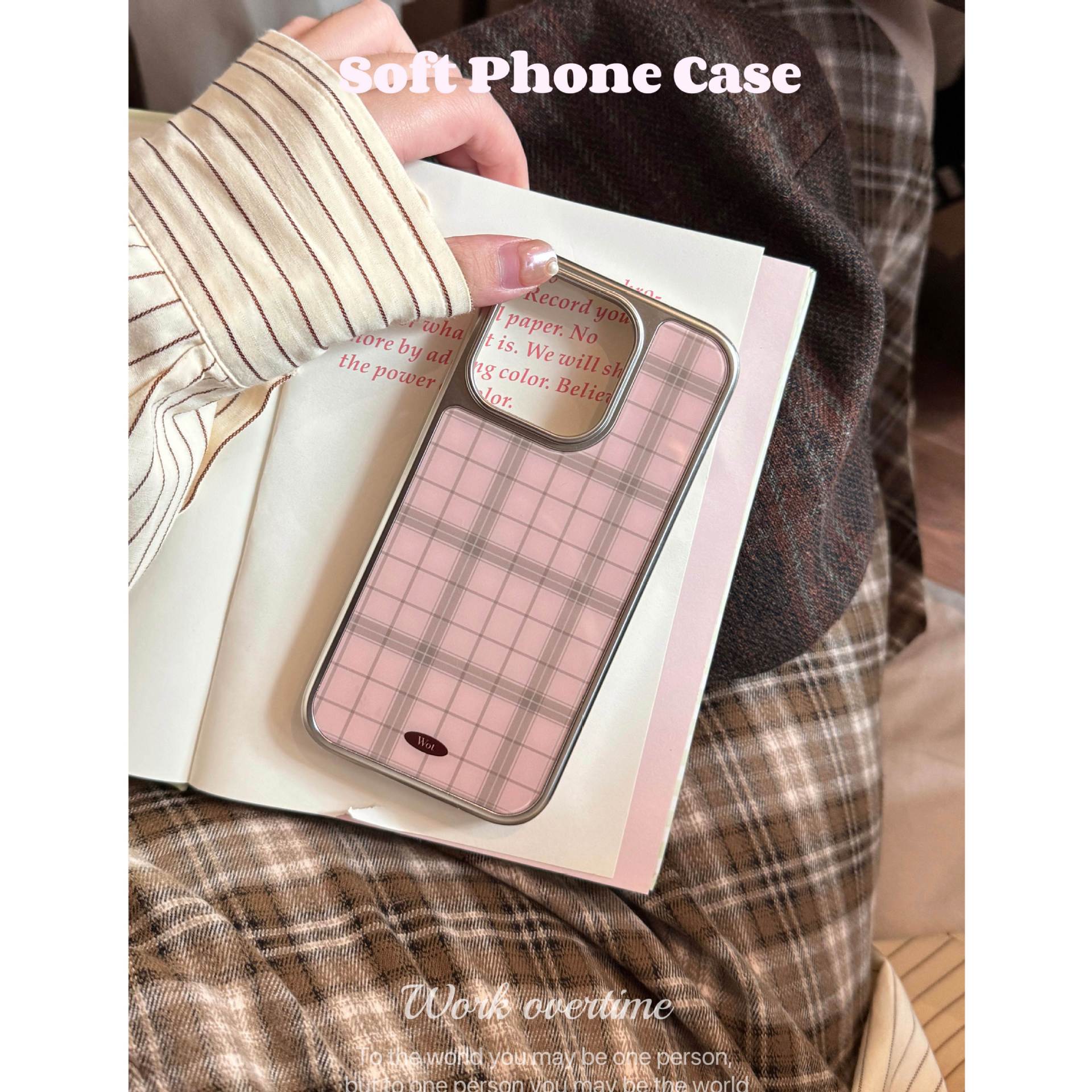 Sweet Pink Plaid Apple 17Promax Mobile Phone Case Gentle Elegant Ins Style Korean Silver Edge 16Pro Plaid