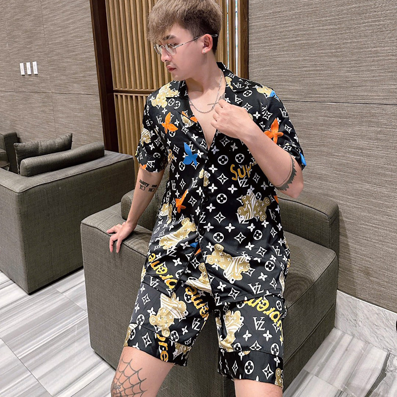 Daishian Clothing Couple Ice Silk Pajamas Men's Personalized Trendy Summer Thin Short-Sleeved Simulated Silk Women's Douyin Hot Seller