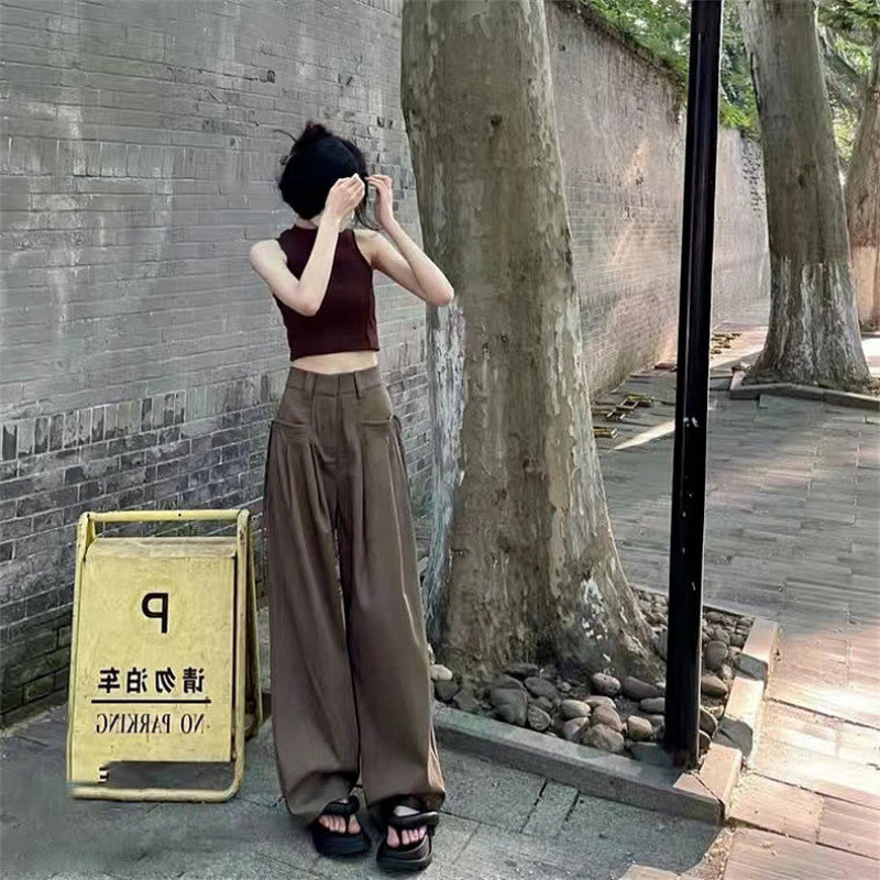 느슨한 작업복 여성 CC 슬리밍 바지 넓은 다리 바지 봄과 가을 얇은 작은 높은 허리 미국 스타일 뜨거운 소녀 캐주얼 바지