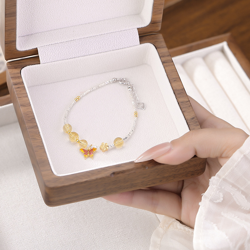 Vòng tay bạc S925 mạ vàng pha lê men hoa nhỏ hạt tròn hình bướm nghệ thuật — Một chiếc