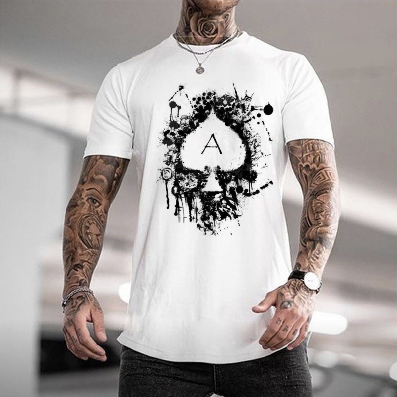 Amazon Wish source: European and American men's printed short-sleeved crew neck poker card top.