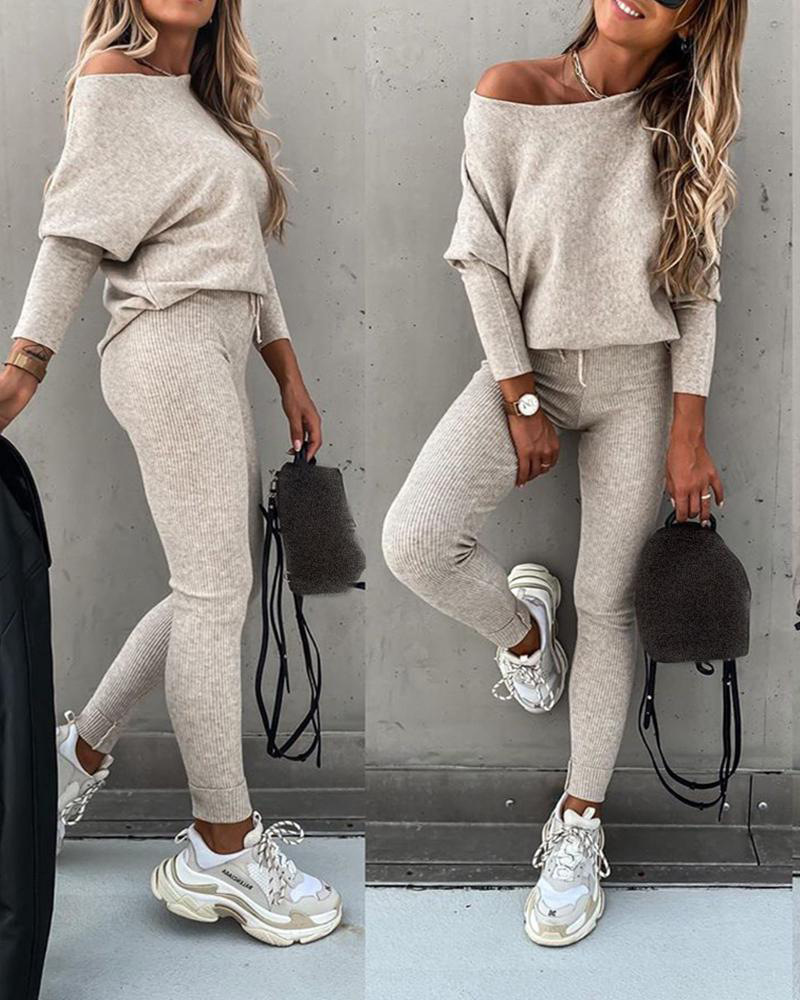 Solid Color Sloping Shoulder Long Sleeve Shirt & Pants 2 Piece Set NSYF66877