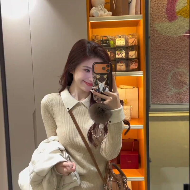 High-End Contrasting Color Polo Collar Knitwear Autumn and Winter Tops Slim Fit Regular Shoulder Long-Sleeved Women's Soft Sweater