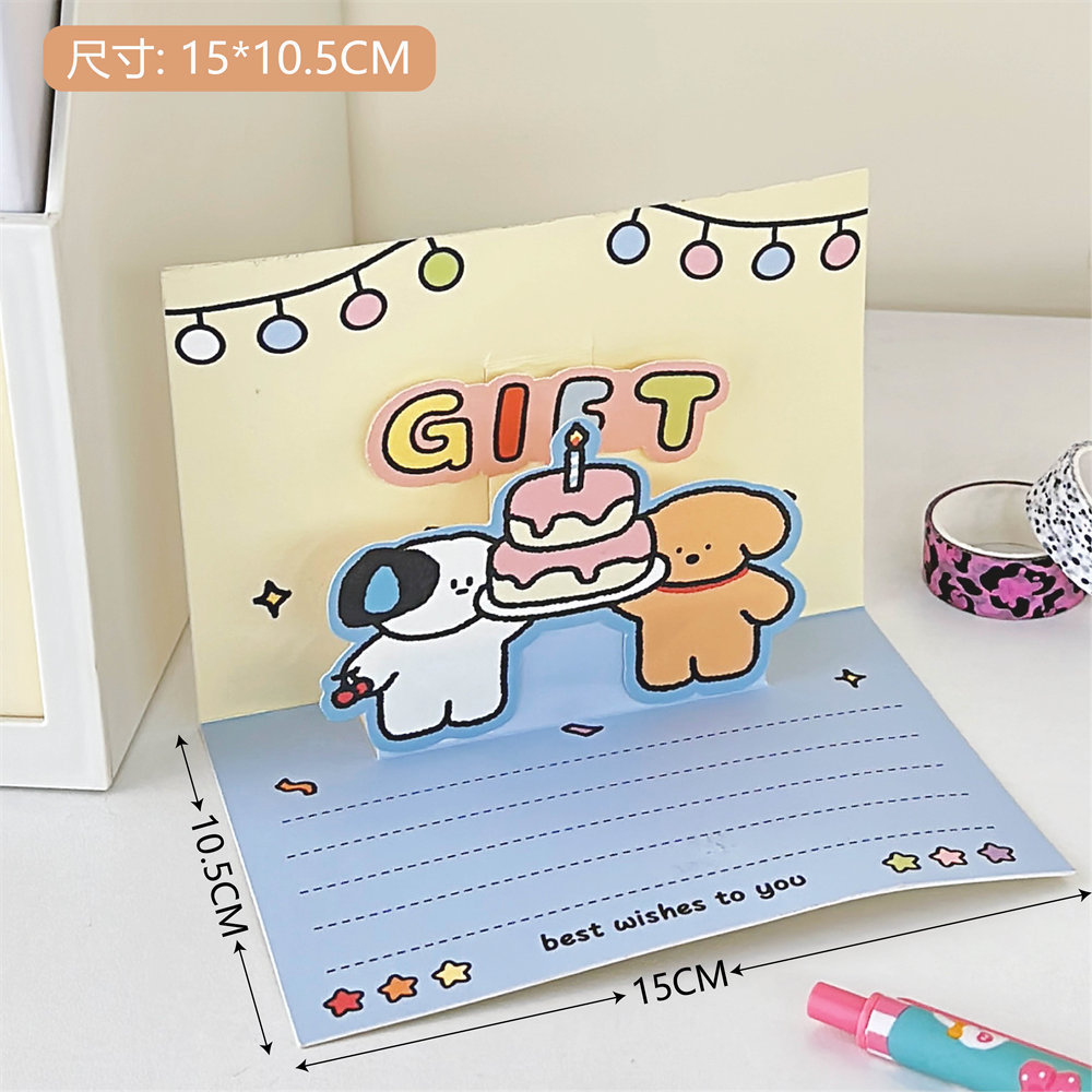 Tarjeta de felicitación de pastel de cumpleaños tridimensional de dibujos animados de bricolaje paquete de material de sobre de corte de papel de carta de bendición plegable al por mayor femenino