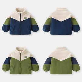 秋冬婴儿立领开衫奥粒绒保暖外套秋冬装男童女童宝宝拼色百搭上衣