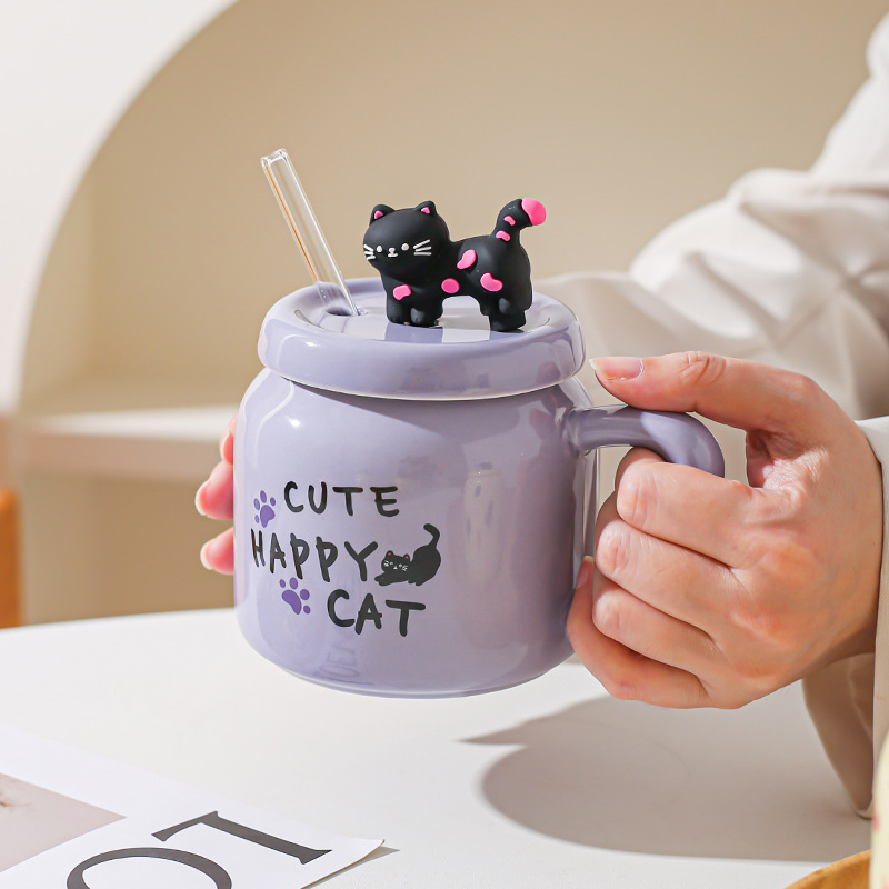Taza de paja de dibujos animados de gato lindo suave Taza de oficina de alto valor con tapa Taza de pareja casera Taza de desayuno