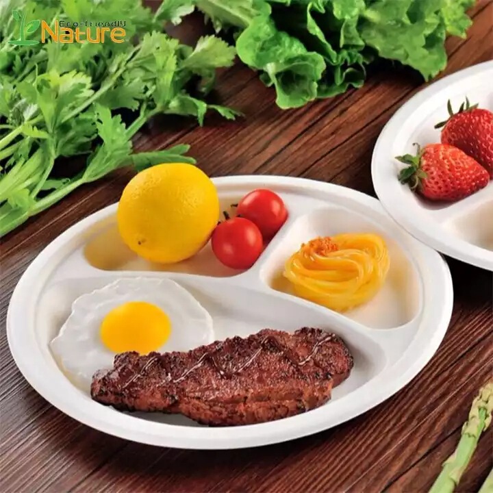 Factory Direct Sales Compostable Paper Plates Sugarcane Pulp Bamboo Pulp Disposable Biodegradable Tableware 9inch Three-Compartment Round Dinner Plate