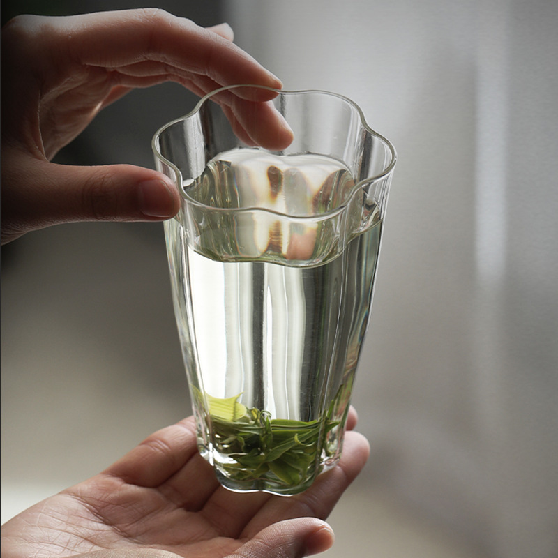 綠茶玻璃水杯ins風簡約家用小容量透明夏季喝水杯子花瓣茶杯