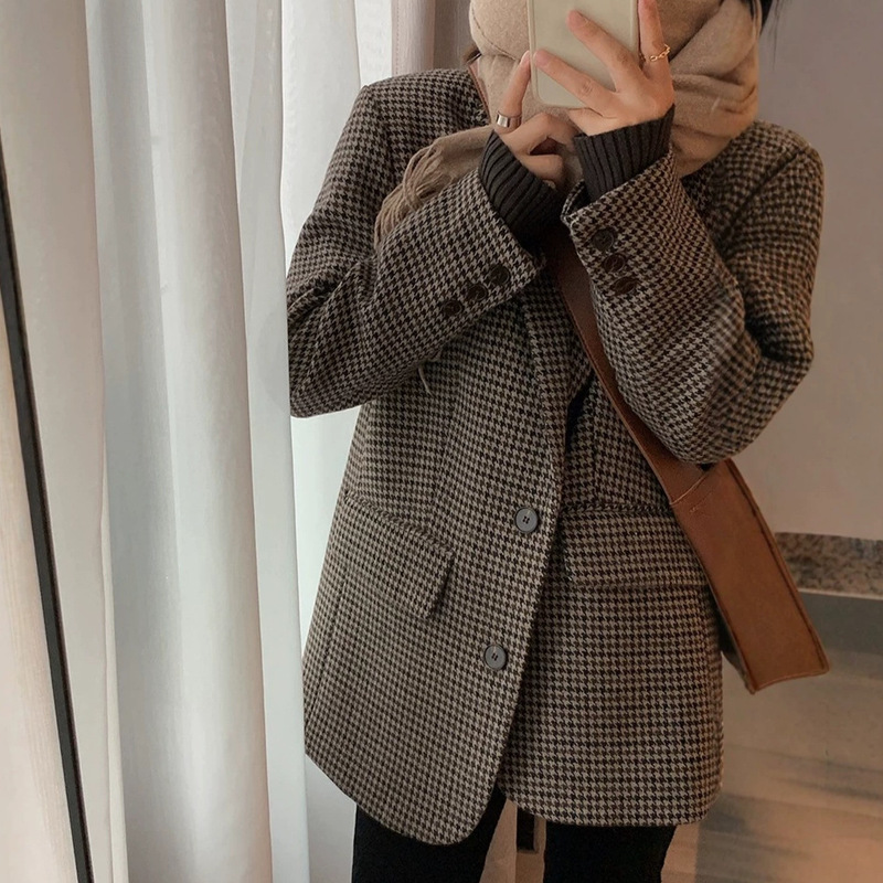 Brown houndstooth woolen blazer for women, 2026 spring and autumn new Korean style loose woolen coat