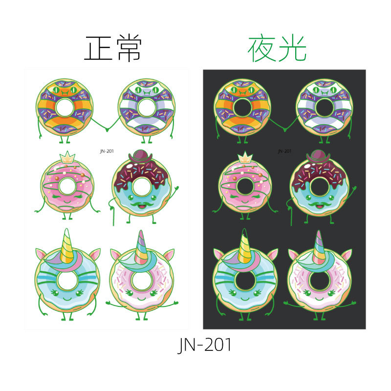 Respetuoso del medio ambiente impermeable de larga duración luminoso lindo donut niños tatuaje pegatinas luminoso postre fantasía tatuaje pegatinas