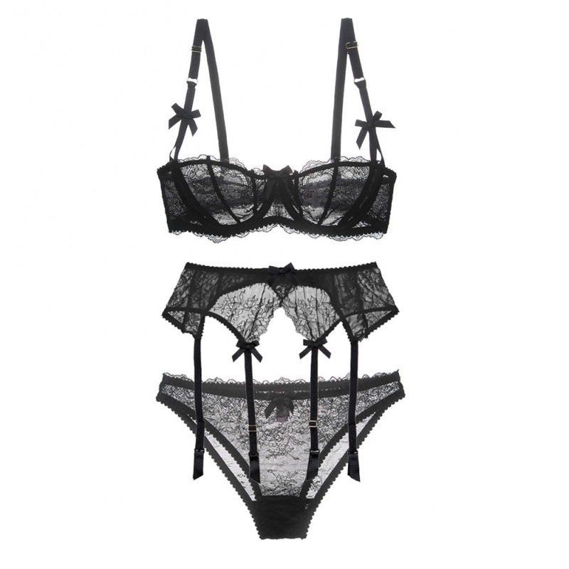 Varsbaby European and American Style Sexy Lace Ultra-Thin Transparent Padded-Free Half-Cup Bra and Underwear Set—3-Piece Set