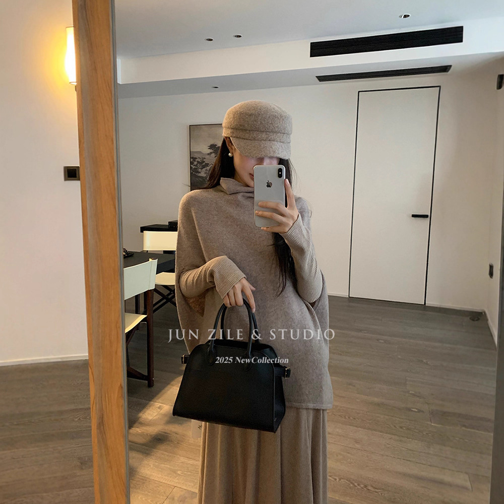 Dress Women's Spring Outfit Korean Style Gentle Ruched Collar Knitted Shawl Top V-Neck Long Sleeve Inner Wear Long Skirt