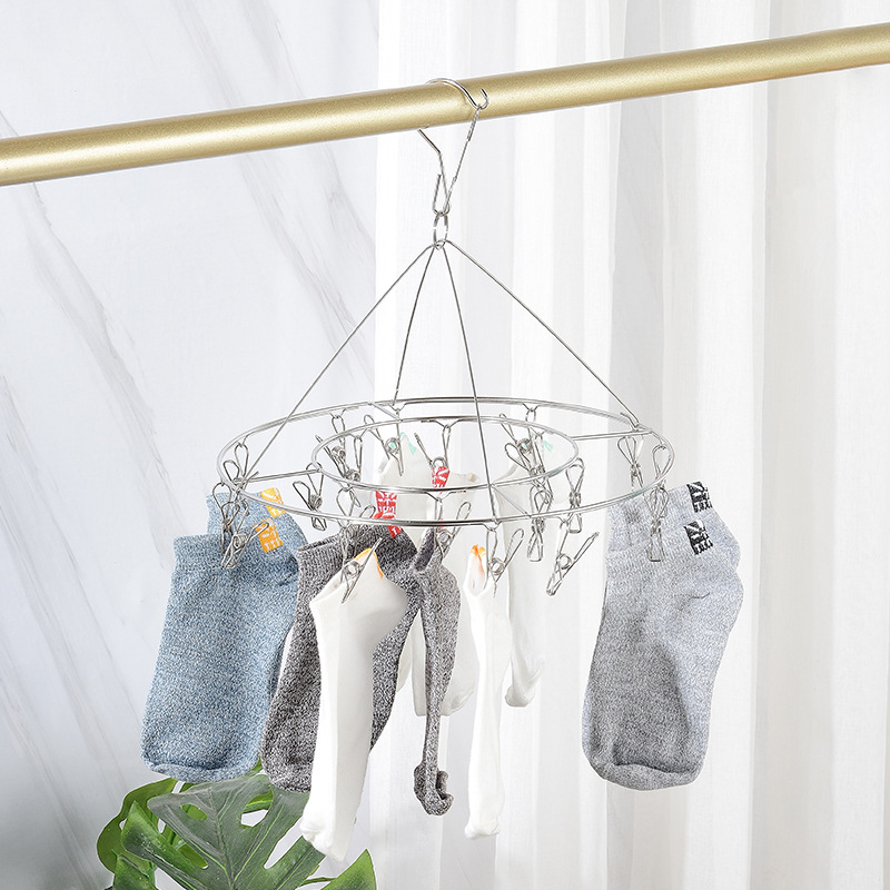 Stainless steel multi-clamp clothes rack, household, balcony, round sock drying hanger, clip and hook integrated drying rack