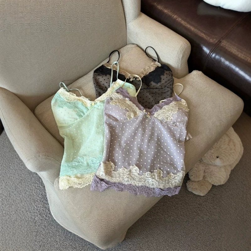 2026 New Double-Layer Polka Dot Lace Trim Camisole for Women, Summer Sleeveless Top for Outerwear or Layering, Sexy 2026 New Double-Layer Polka Dot Lace Trim Camisole for Women, Summer Sleeveless Top for Outerwear or Layering, Sexy