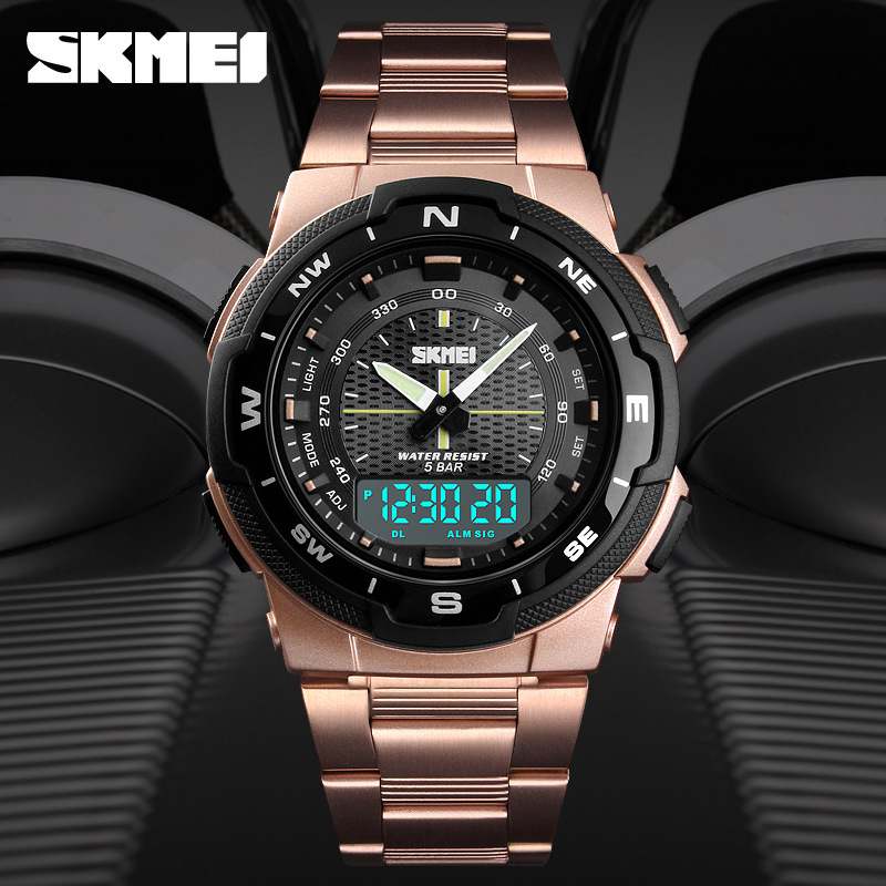 Skmei correa de acero transfronteriza estudiante doble pantalla reloj electrónico skmei moda al aire libre multifuncional reloj deportivo para hombre