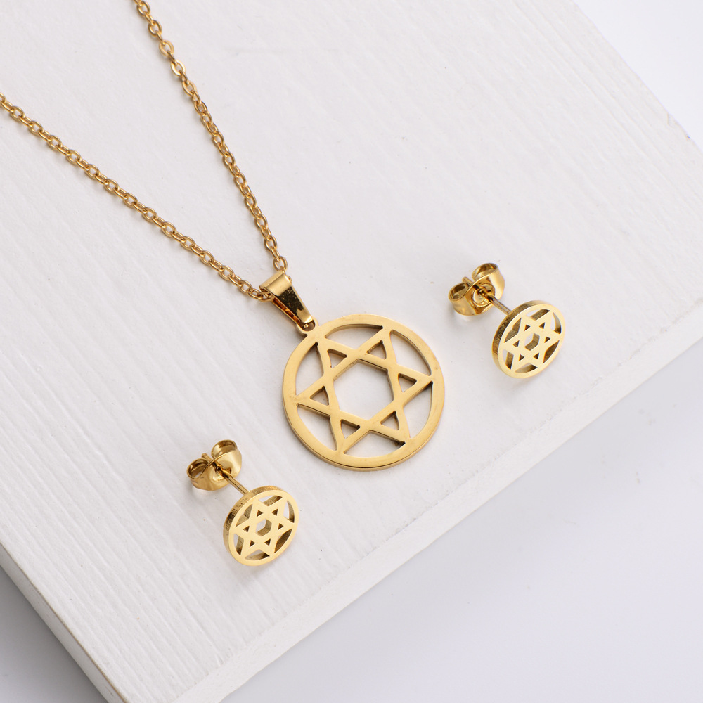 creative six-pointed star pendant stainless steel earrings necklace set wholesale Nihaojewelry