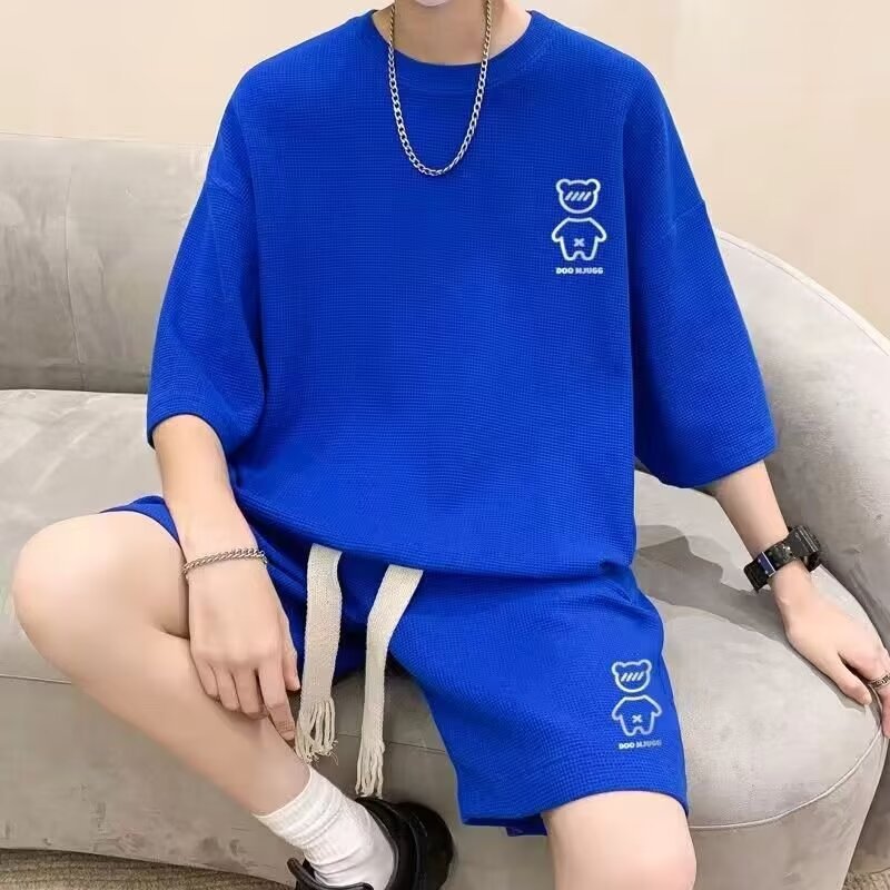 Waffle short sleeve suit men's ins trendy sports two-piece casual T-shirt shorts suit summer 5XL