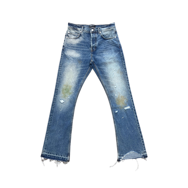 Trendy Patchwork Velvet Burnt Slim Washed Knife-Cut Distressed Flared Jeans
