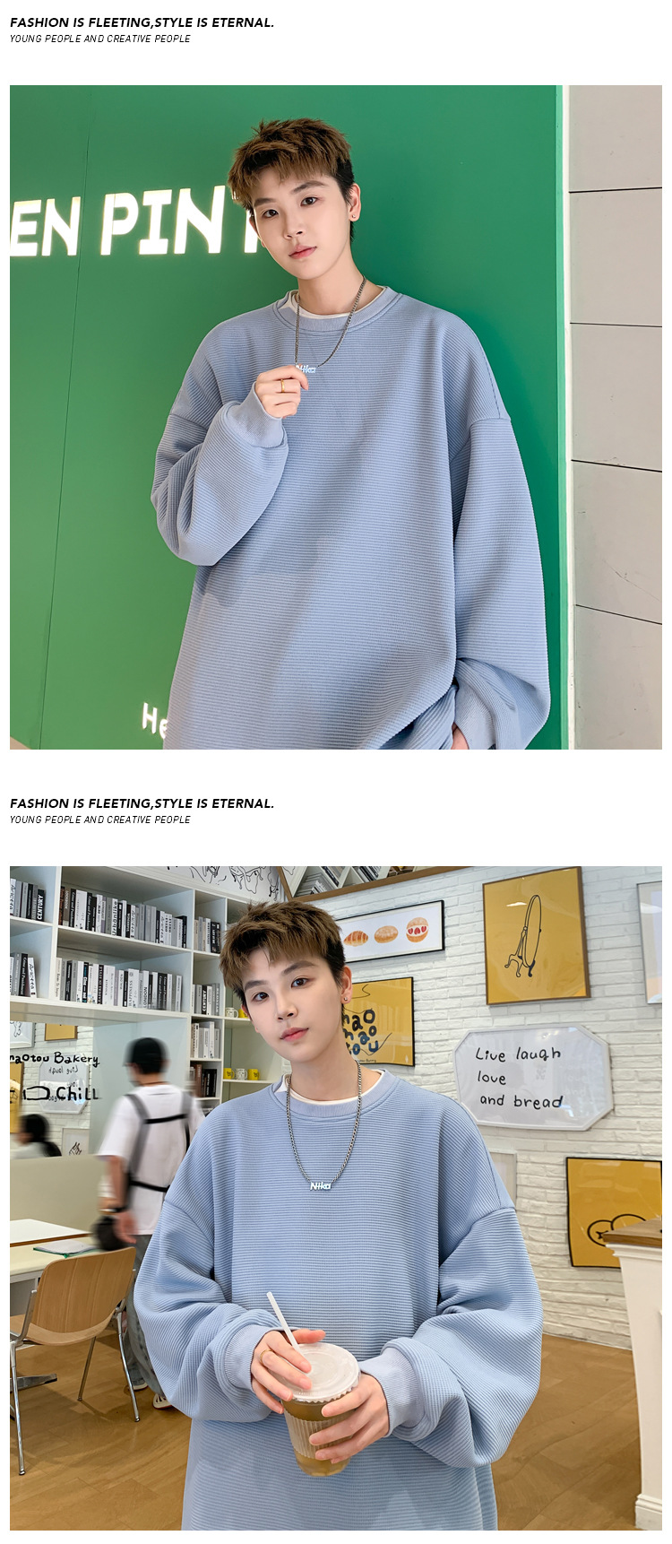 Men's Two-piece Spliced Blue Pullover Hoodie Loose Fit Pullover_voghion.com