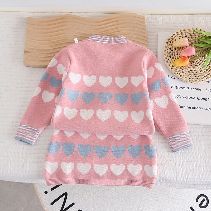 Girls' Spring and Autumn Knitted New Love cardigan Children's Baby Sweater Two Piece Skirt Set_voghion.com