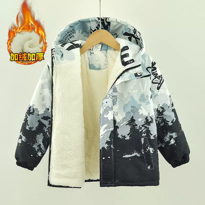 男童秋冬装休闲户外2025新款儿童加绒加厚棉袄冬季男孩冲锋衣外套