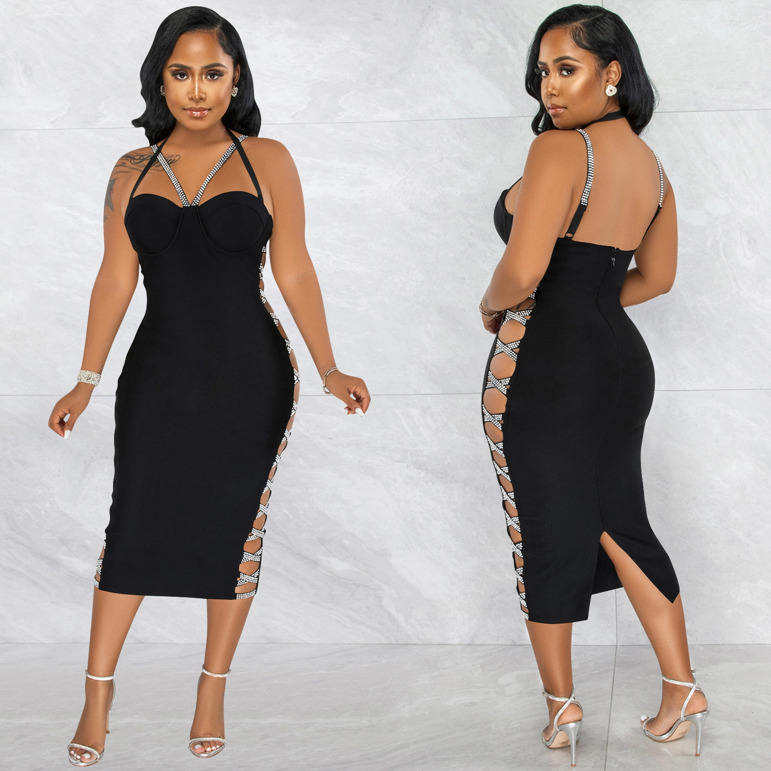 X5657 transfronteriza nueva AliExpress Ebay color sólido sexy Sling Hollow zipper vestido partido vestido de las mujeres image 2