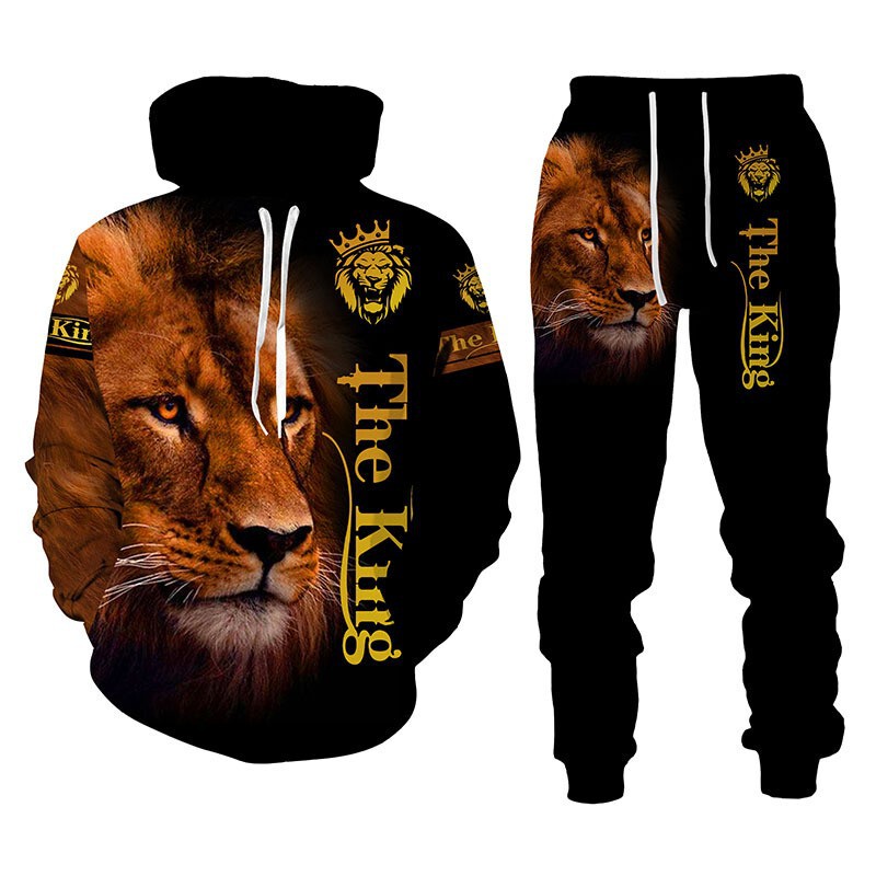 The Lion King Autumn and Winter 3D Printed Men's Hooded Sweatshirt Set Sportswear Long-Sleeved Casual Versatile Casual Fashion
