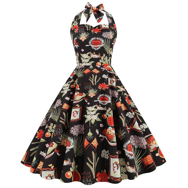 European And American Women's Hepburn Style Puff Skirt Dress Retro Print Halter Neck New 2026 Cross Border Exclusive_ecoleips.com