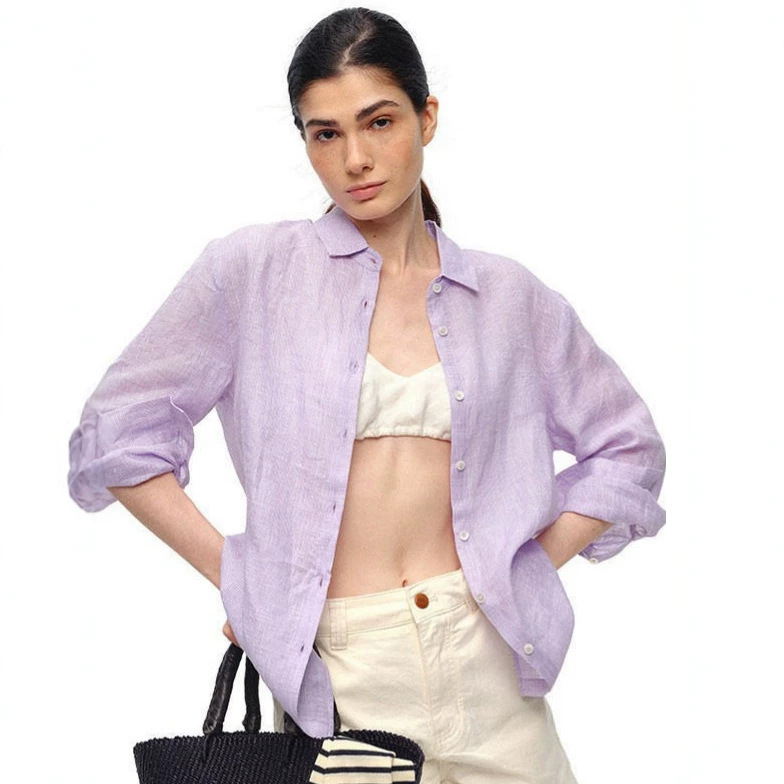 100% Linen Women's Houndstooth Purple Shirt Long-Sleeve Turn-Down Collar Loose Fit Commuter Top 2026 Summer 100% Linen Women's Houndstooth Purple Shirt Long-Sleeve Turn-Down Collar Loose Fit Commuter Top 2026 Summer