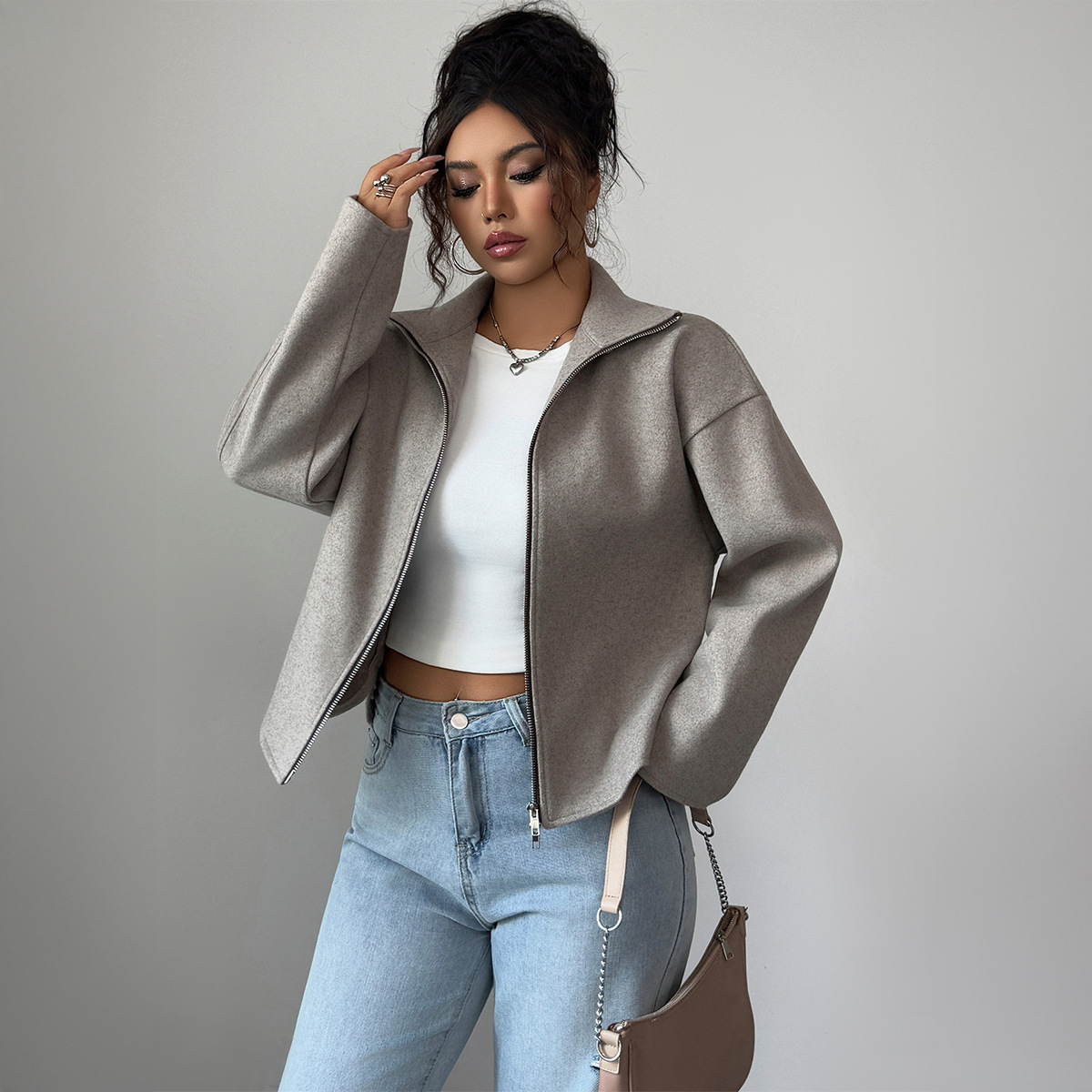 Elegant Dusty Rose Zip-Up Jacket For Women – Slim-Fit Long Sleeve Blazer Coat Versatile Layering Dusty Rose_ecoleips.com