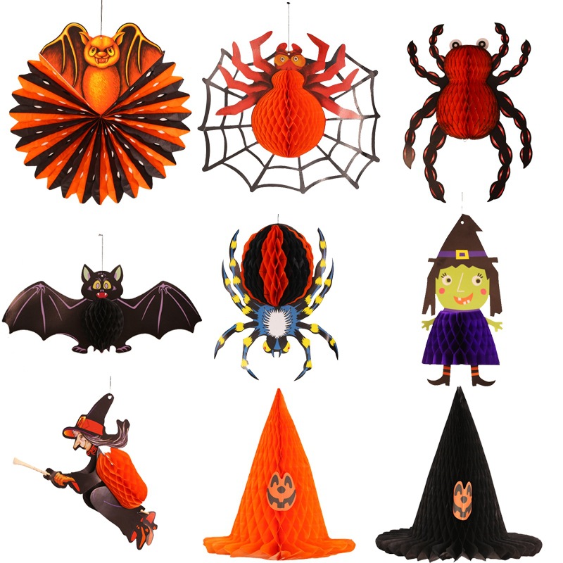 Amazon venta caliente araña fantasma murciélago papel colgante colgante jardín de infantes barra tela Halloween decoración al por mayor