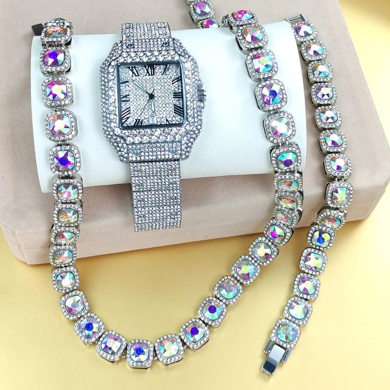 High Quality Hip Hop Watch Bracelet Necklace Set Diamond Watch Hiphop Watch Set Quartz Watch
