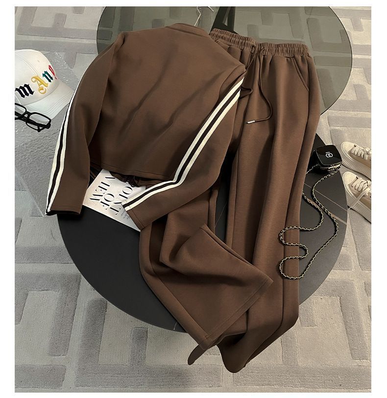 Korean Style Women's Zip-Up Hoodie & Jogger Pants Set - Casual Sporty Outfit (S-2XL, Black/Brown)_ecoleips.com