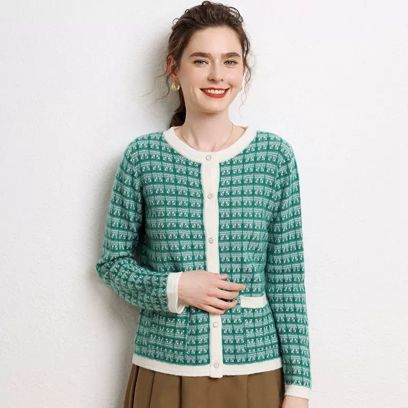 2024秋冬新款小香风羊绒开衫简约提花外搭洋气针织衫短款外套女士