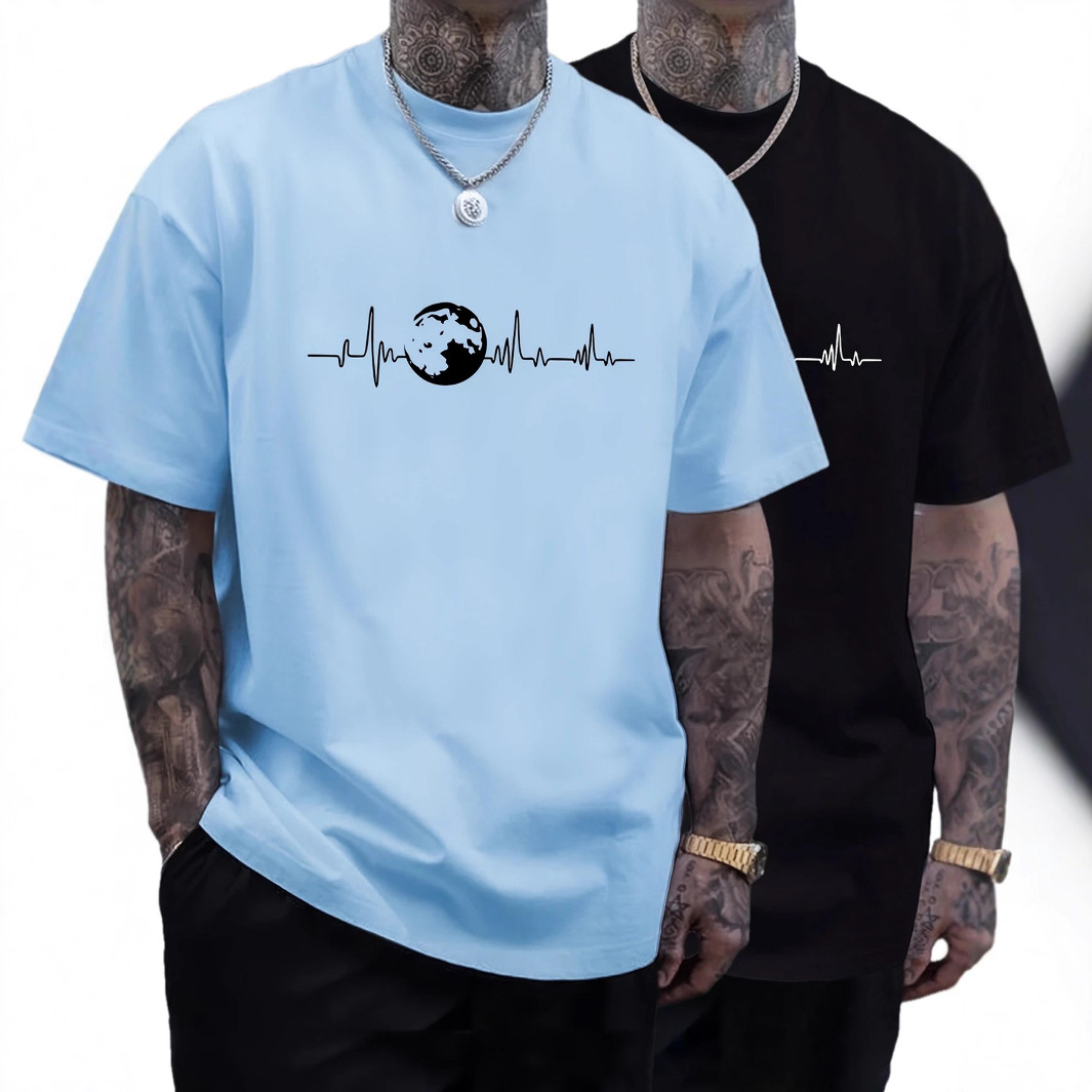 男士月球印花T恤休闲时尚T恤街头风格短袖圆领衬衫