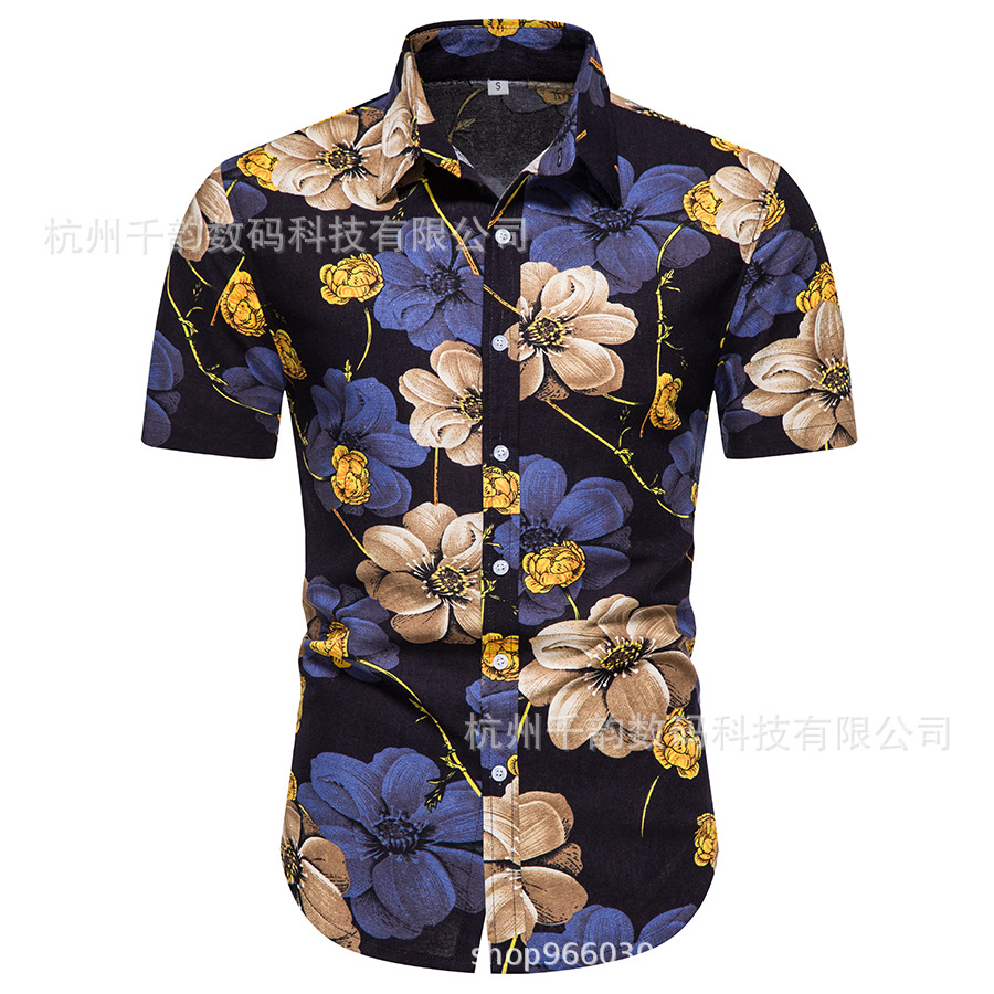 外贸沙滩风2023新品潮男宽松夏威夷短袖开衫翻领衬衫源头厂家批发