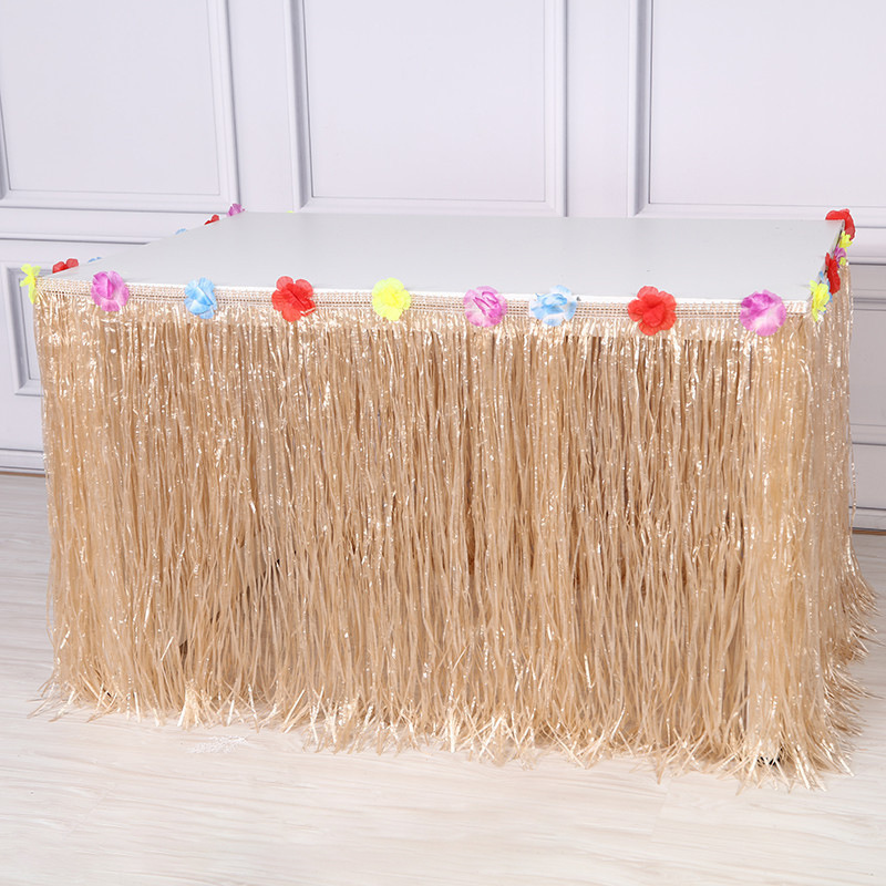 Falda de mesa hawaiana de hierba color paja, decoración para fiestas y festivales, 275cmx75cm