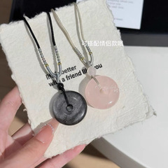 天然银黑曜石平安扣项链女新款新中式轻奢小众精致复古项链粉水晶