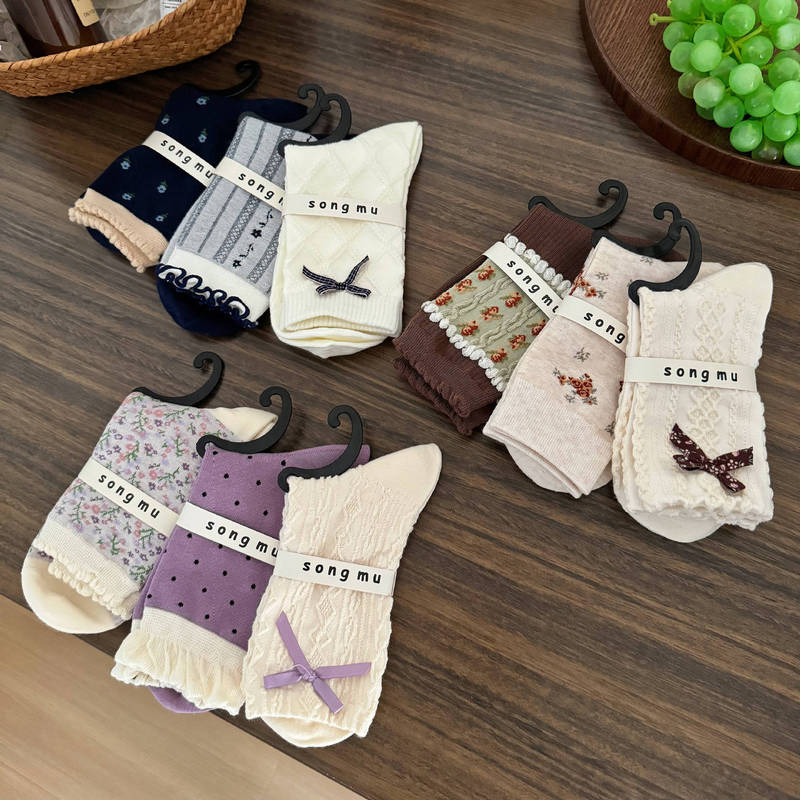 Songmu Designer Model“Bow Socks Women's Mid-Calf Socks Spring and Summer New Niche Original Korean Style Pile Socks Songmu Designer Model“Bow Socks Women's Mid-Calf Socks Spring and Summer New Niche Original Korean Style Pile Socks
