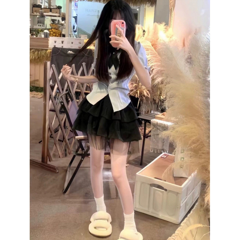 Kuaishou Influencer Style High School Student Puff Sleeve Shirt with Lace Trim High-Waisted Puffy Short Skirt Jk Uniform for Women